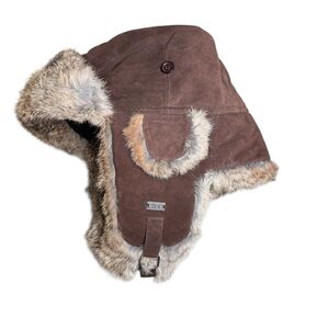 frr Canada Brown Leather Rabbit Fur Aviator Trooper Trapper Hat Size L